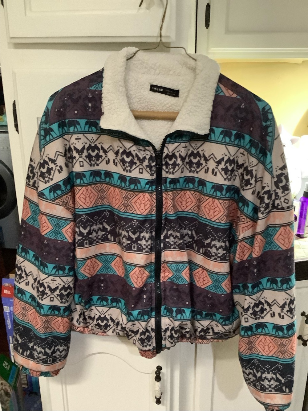 SHEIN Multicolor Aztec Sherpa-Lined Puffer Jacket in Teal, Peach & Navy